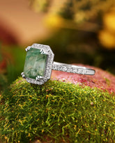 THISTLE Halo Emerald Shaped Moss Agate Engagement Ring